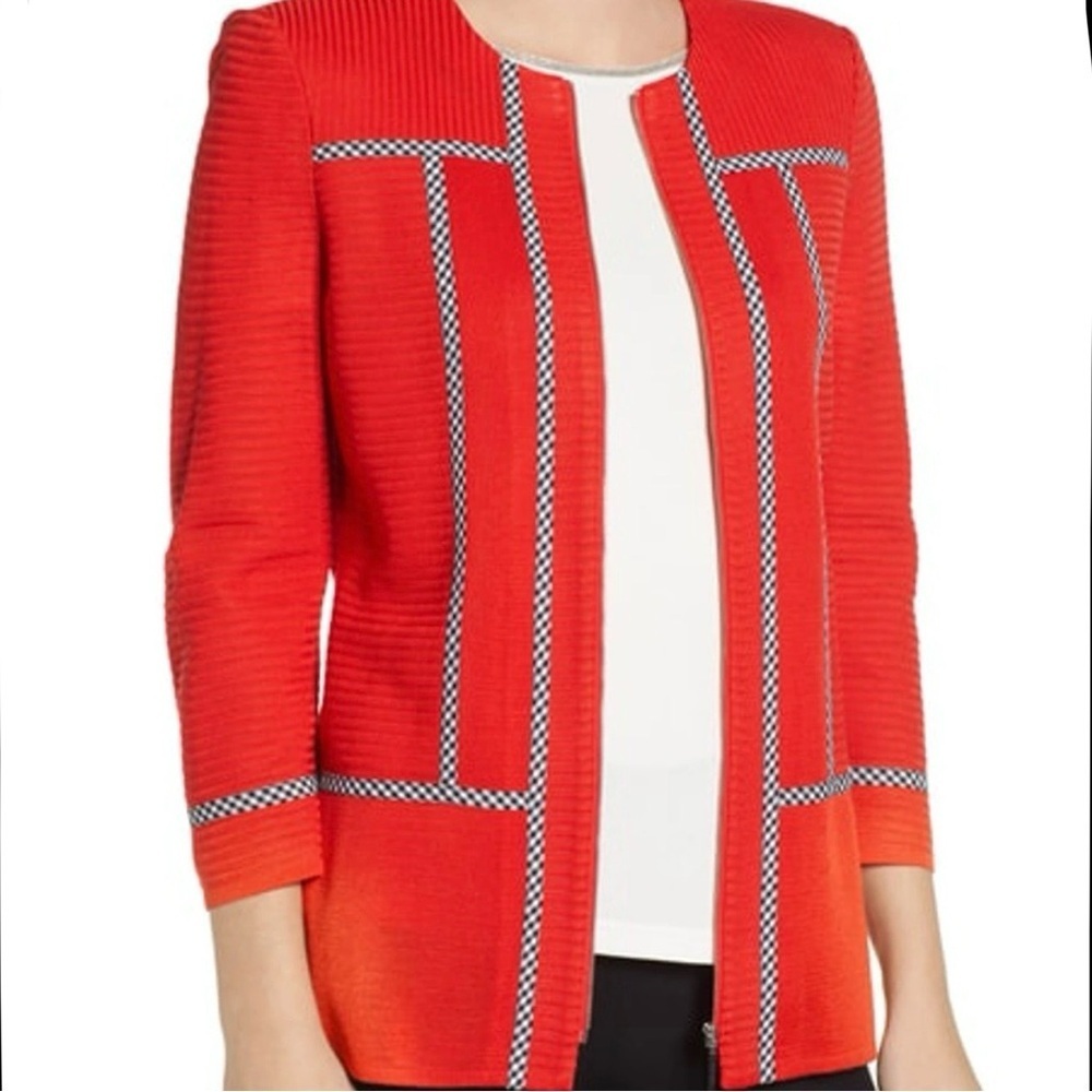 New Ming Wang Gingham Trim Sweater Poppy Red Zip Front Heritage Fit